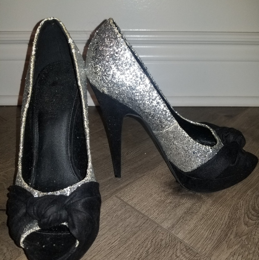 Silver Glitter & Black Platform Heels